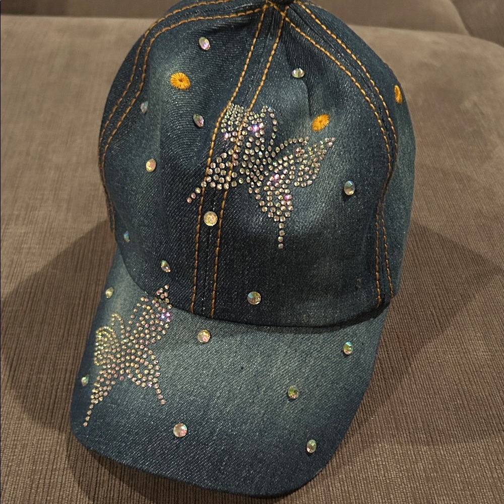 COG NEW YORK Denim Baseball Hat Rhinestone Butterfly OS NWT